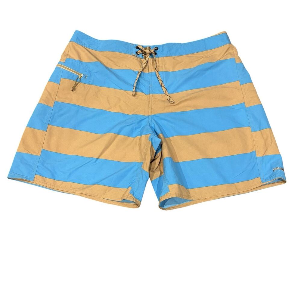 Patagonia Wavefarer Board Shorts 40 Light Blue Tan Wide Stripes 8" Inseam